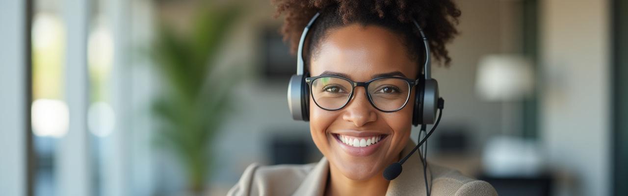 A woman smiling genuinely while using a headset, indicating friendly customer service and easy communication at Gable Growth.