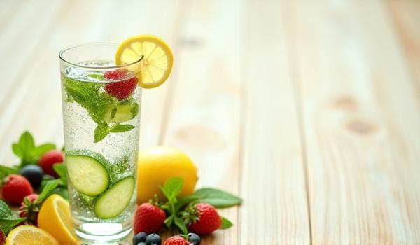A close-up of a glass of fresh, clean water with condensation, next to a variety of healthy fruits, emphasizing hydration.