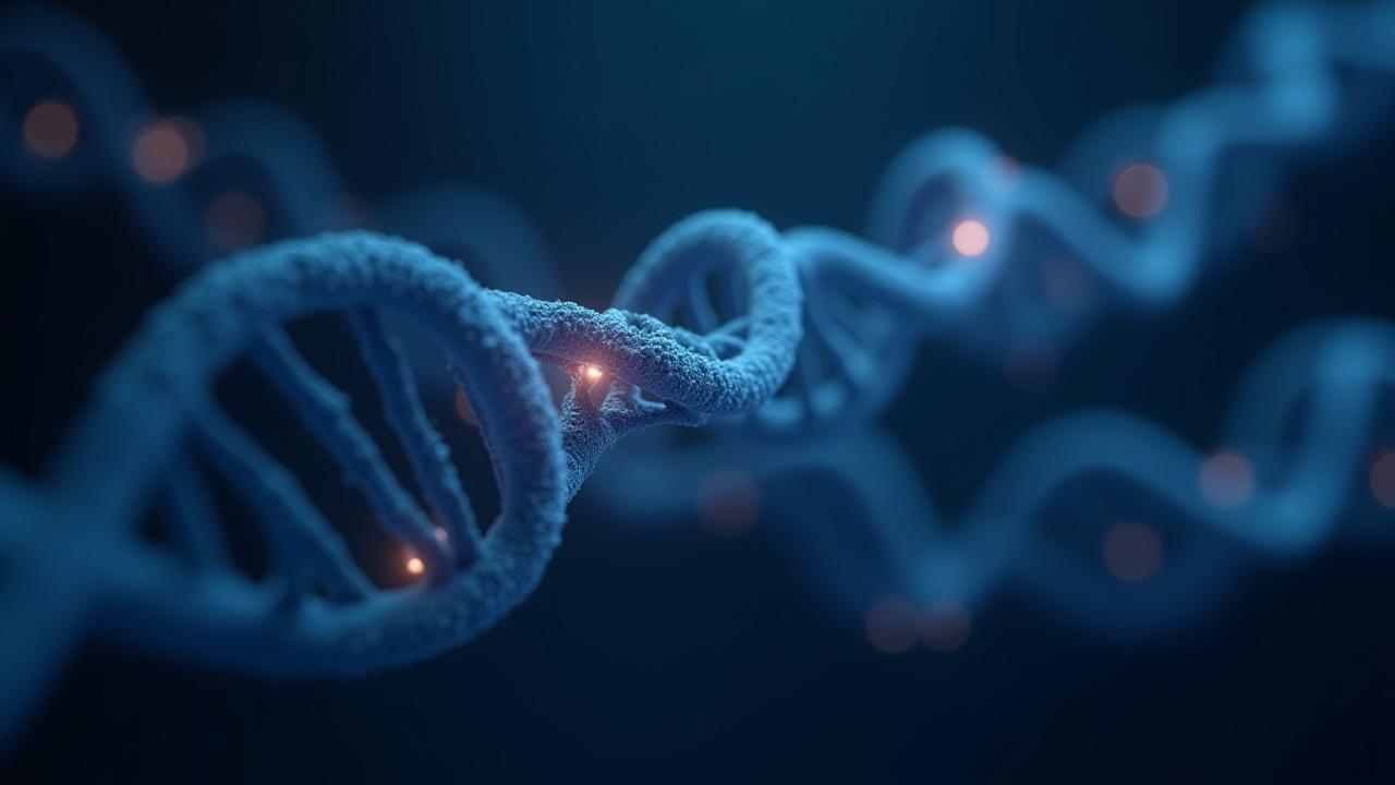 Abstract visualization of interconnected DNA strands and cellular structures, representing personalized genetic and microbial insights