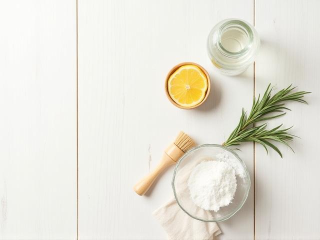 Various natural cleaning ingredients like baking soda, vinegar, and essential oils with cleaning cloths