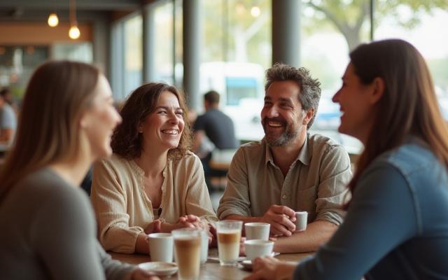 Diverse group of adults over 35 smiling and engaged in conversation, seated casually in a well-lit, modern space.
